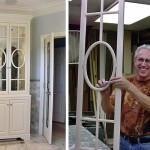 Tom proudly displays detail of fretwork door frame he built for fretwork bath room cabinet