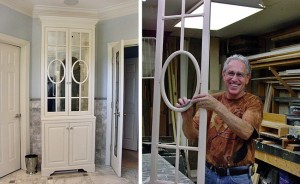 Tom proudly displays detail of fretwork door frame he built for fretwork bath room cabinet