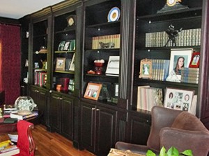 Stained office bookcase built and installed by Tom Scott